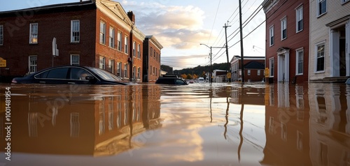 Cars submerged in muddy water as a flash flood overruns a small town after a sudden downpour photo