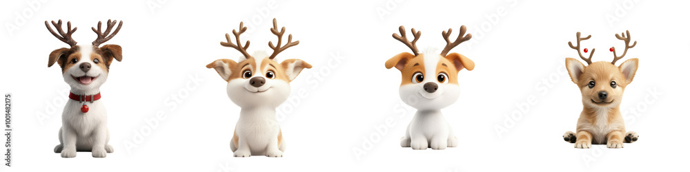 Cute dogs wearing antlers on a white isolated background. Cute dogs wearing antlers on a white isolated background.