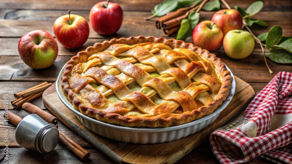 Homemade apple pie ingredients on rustic table with plates and bowls for baking concept Homemade apple pie ingredients on rustic table with plates and bowls for baking concept
