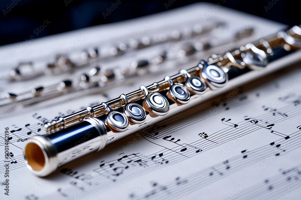 Naklejka premium Flute lying on a sheet of music, its silver body gleaming under the light, with the detailed notes of a classical composition behind it