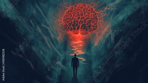 Inside a human mind, a person trapped in his own thoughts. Brain in the shape of a labyrinth. Decisions to be made. Choices to make. Mental problems, Intellectual difficulties. Ai generative photo