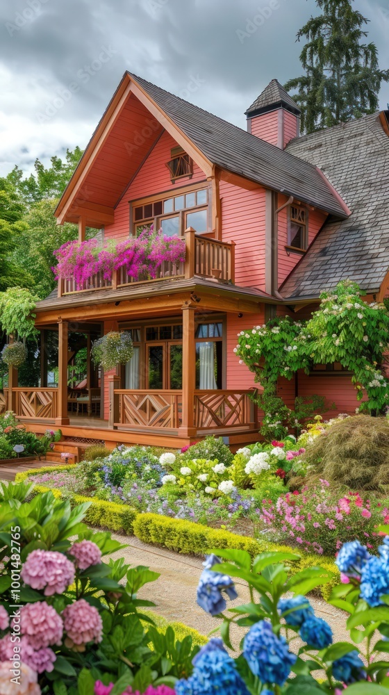 Bright salmon Craftsman house with a gabled roof, wooden railings, and a blooming garden. Bright salmon Craftsman house with a gabled roof, wooden railings, and a blooming garden.