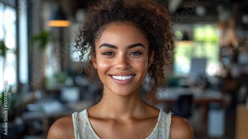 A young woman with curly hair radiates joy as she smiles in a light-filled, contemporary office space surrounded by greenery