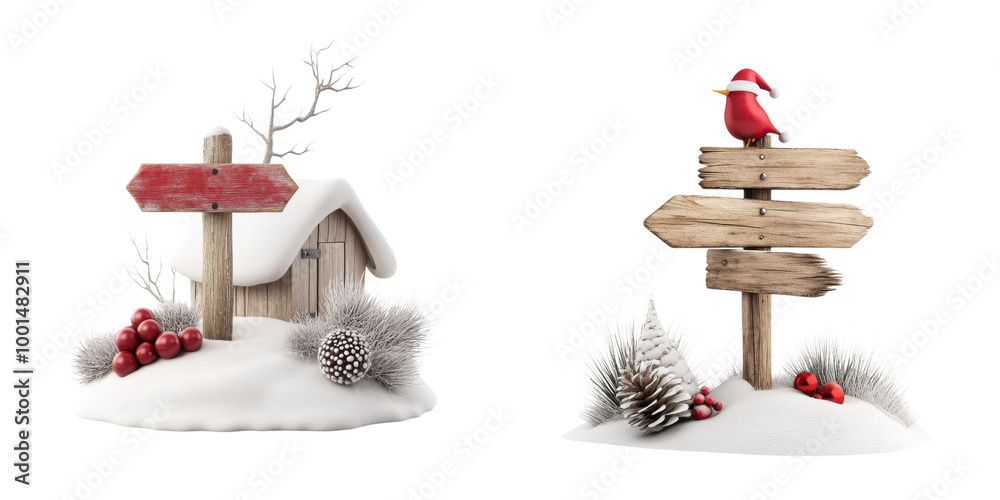 Naklejka premium Winter scene with a cabin, snow, and festive cardinal on a signpost.