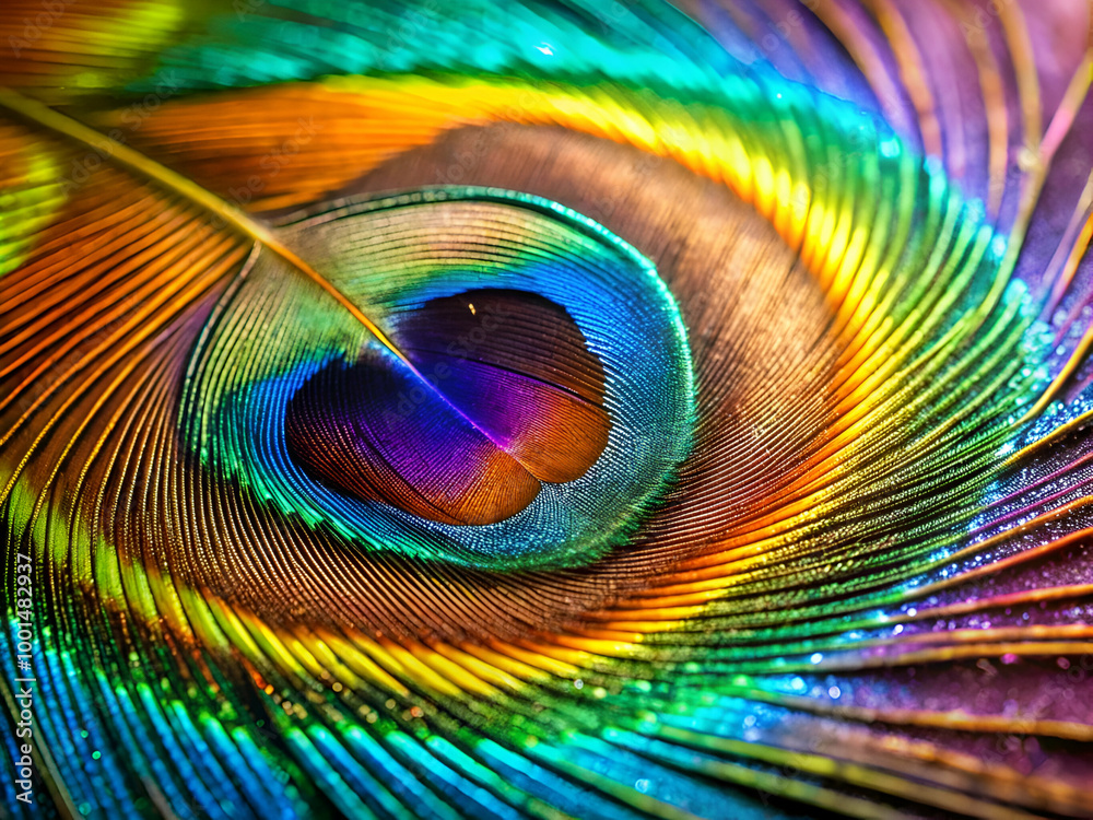 Obraz premium A colorful feather with a heart shape in the center. The feather is vibrant and full of life, with a rainbow of colors that seem to dance and shimmer in the light
