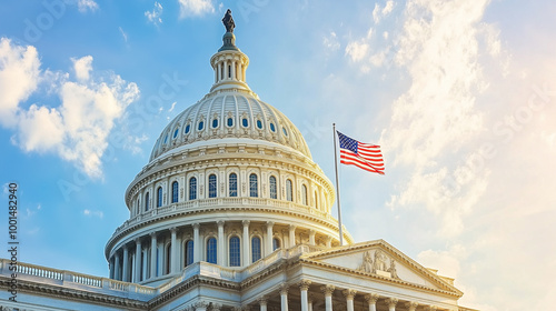 The White House and the American Flag waving in the wind, daylight. The White House, President Residence, Stars and Stripes. 4th of July, National Holiday Border. Memorial Day, Capitol, US Congress photo