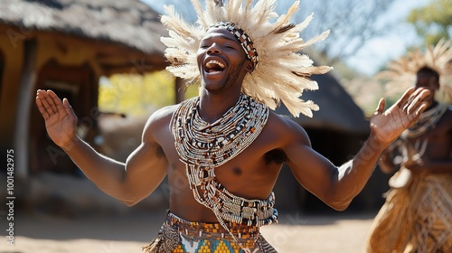 A man in a South African Zulu traditional attire, dancing energetically in a rural village