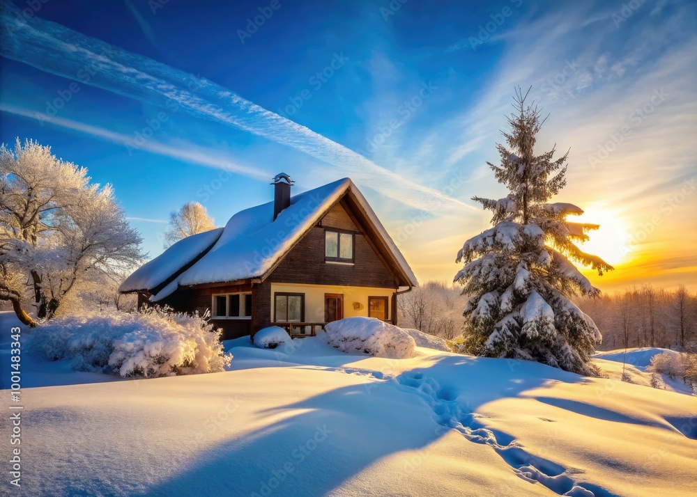 Cozy House Surrounded by Snowy Landscape on a Cold Winter Day with Clear Blue Sky Above Cozy House Surrounded by Snowy Landscape on a Cold Winter Day with Clear Blue Sky Above