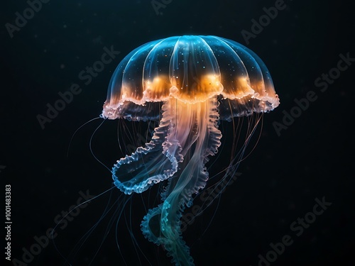 A shimmering jellyfish glides gracefully through dark ocean depths.