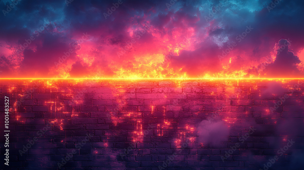 Obraz premium brick wall pattern background with neon light frame, 