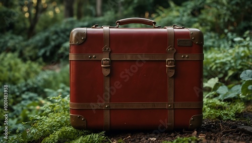 A striking red suitcase against lush greenery, symbolizing travel and adventure.