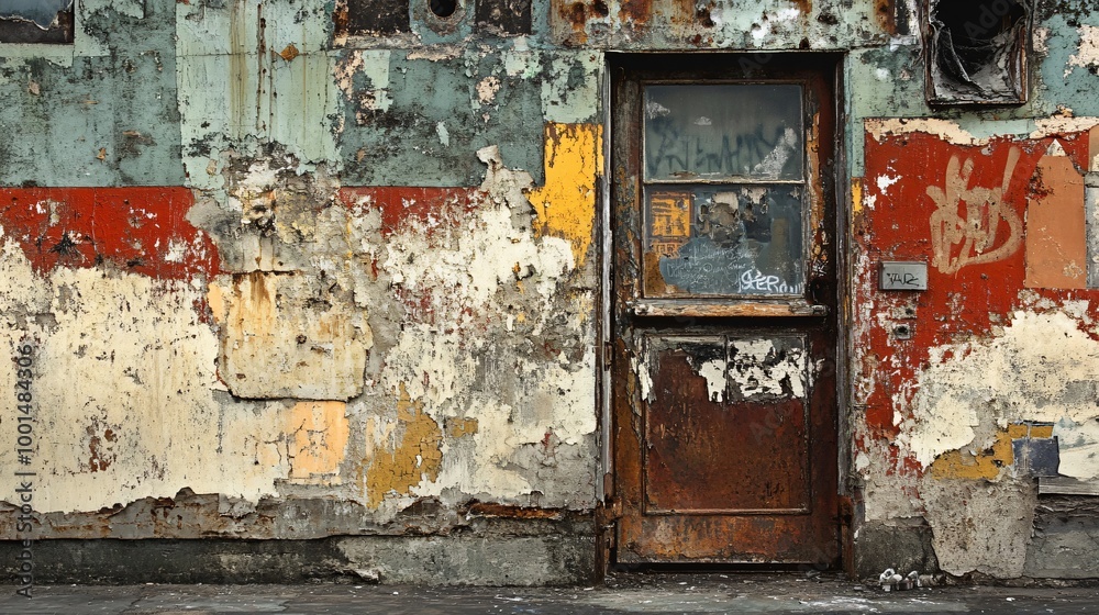 Naklejka premium Rusty door with peeling paint on an old building wall.