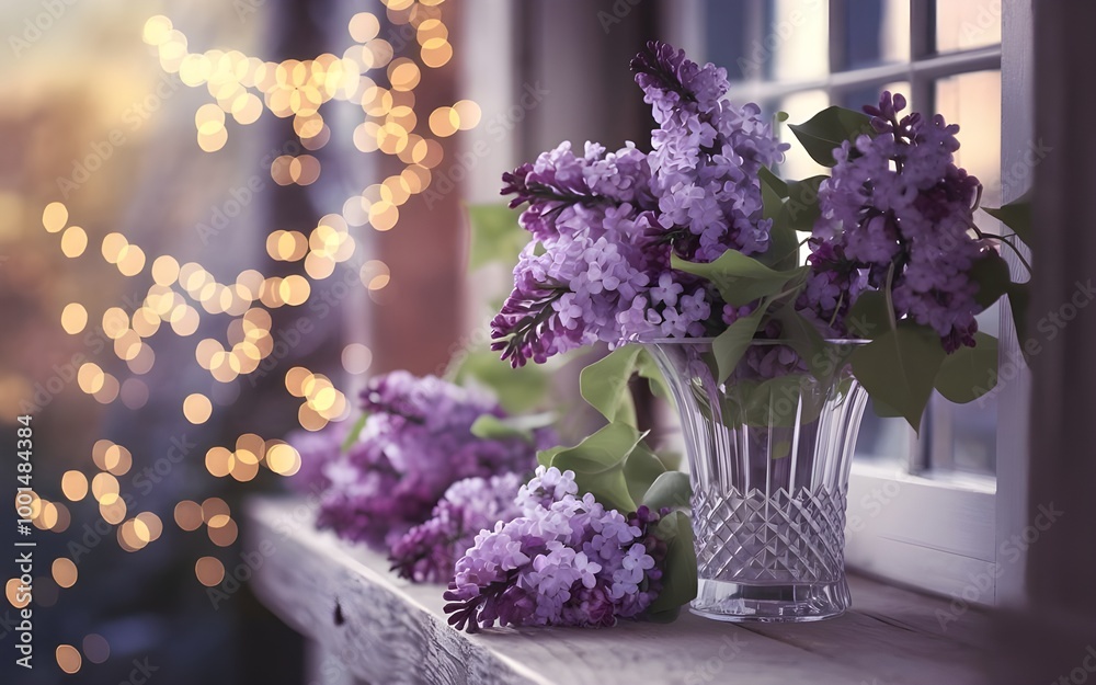 Fototapeta premium Elegant Purple Flower Arrangement with Blooms on a Bright Windowsill