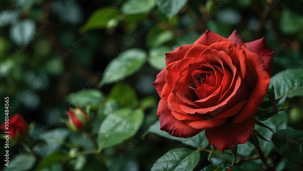 A vibrant red rose blooms among lush green branches. A vibrant red rose blooms among lush green branches.
