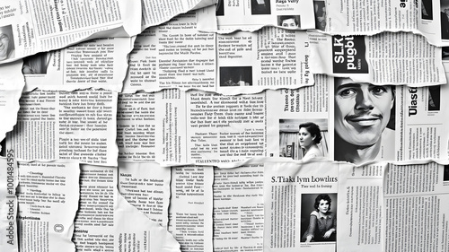 Ripped-up newspaper articles, black and white, abstract format, background for a website, mix of torn edges, layered, intermixed text and images. Generative AI