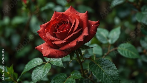 A vibrant red rose blooms among lush green branches.