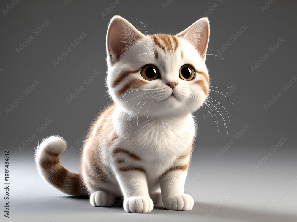 3D Illustration Art of A Cute White Cat with Big Eyes Sitting on The Floor. 3D Illustration Art of A Cute White Cat with Big Eyes Sitting on The Floor.