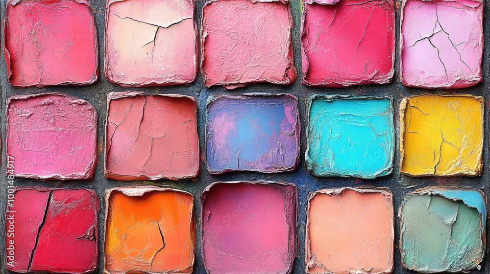 Colorful square pastels are displayed in a grid, revealing a range of vibrant shades and textures perfect for artistic projects Colorful square pastels are displayed in a grid, revealing a range of vibrant shades and textures perfect for artistic projects