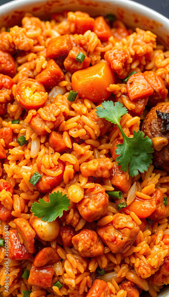 close up spicy chicken jollof rice with vegetables garnished with cilantro traditional west african cuisine food photography vertical format