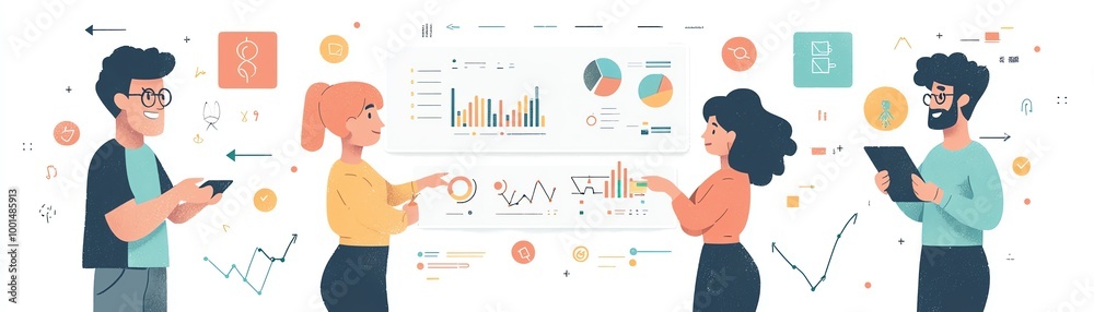 Team collaboration with charts and graphs on a digital screen, showcasing business analytics and data-driven discussions. Team collaboration with charts and graphs on a digital screen, showcasing business analytics and data-driven discussions.