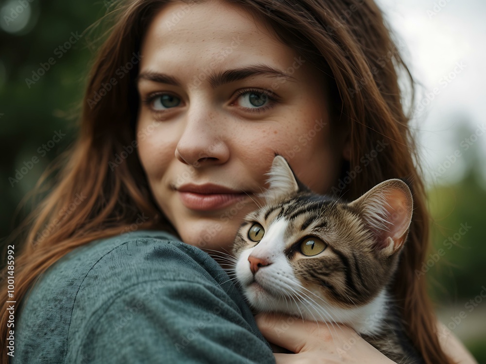 A woman hugs a cat in her arms affectionately.