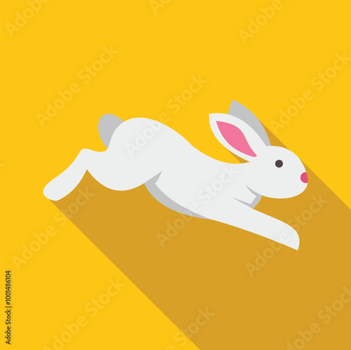White rabbit jumping on yellow background, long shadow flat design icon