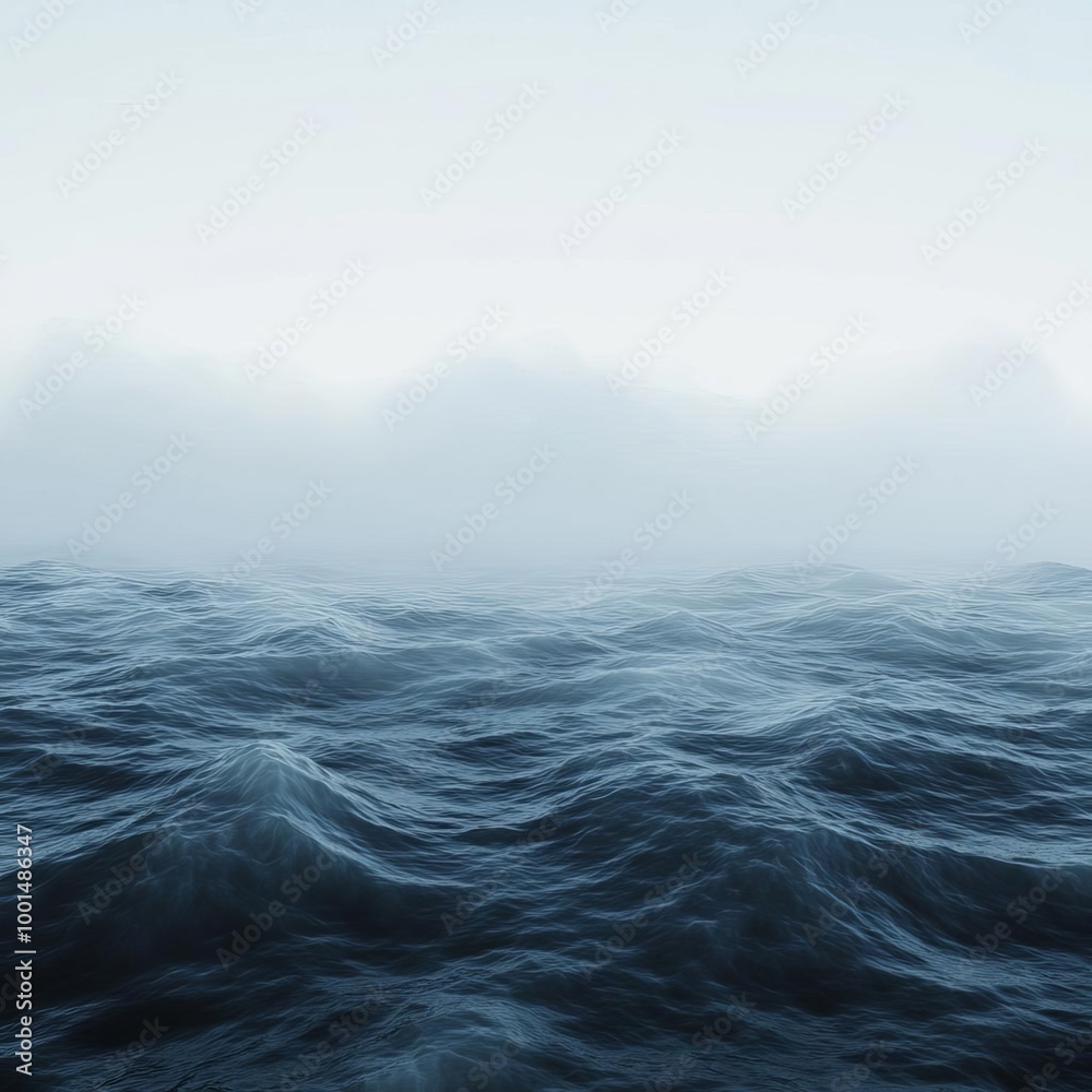 Ambient fog drifting over ocean waves, serene atmosphere, 3D illustration