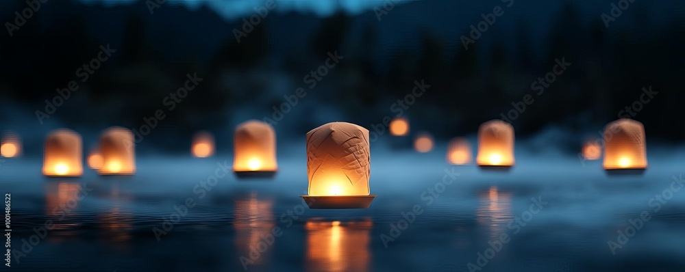 Ambient fog, floating lanterns, night festival, 3D illustration