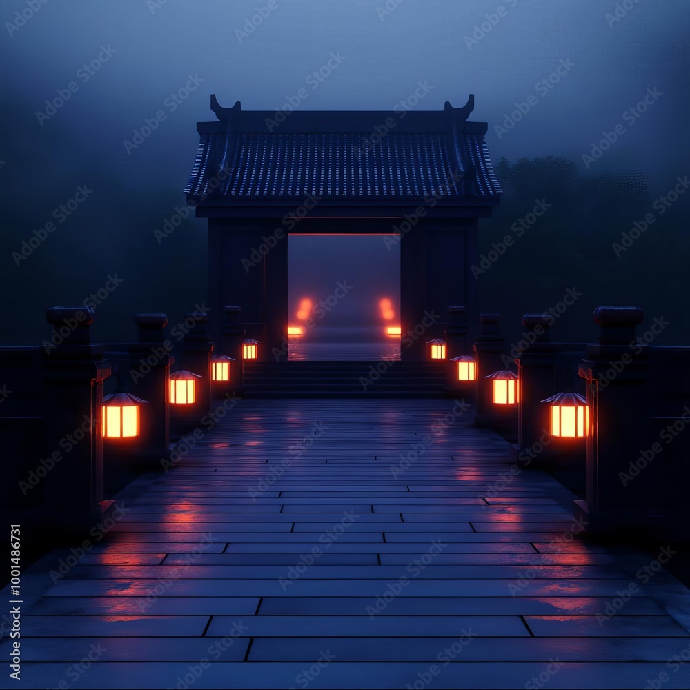 Obraz premium Ambient fog, hidden temple entrance, glowing lanterns, 3D illustration