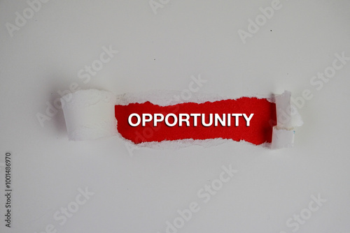 text of OPPORTUNITY seen through a hole in ripped red paper. photo