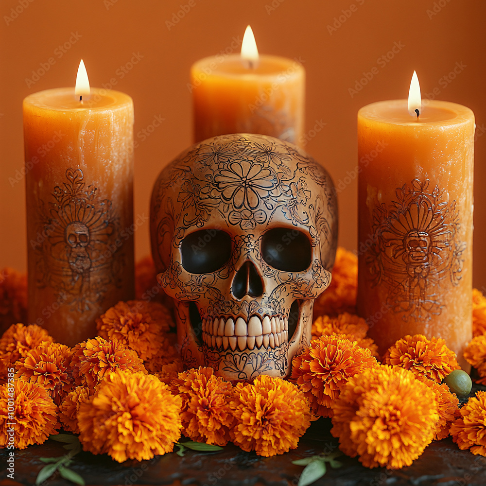 Decorative altar with central human skull, candles, and marigold flowers, celebrating Day of the Dead. Warm and inviting atmosphere. 3D illustration suitable for cultural events or design projects.