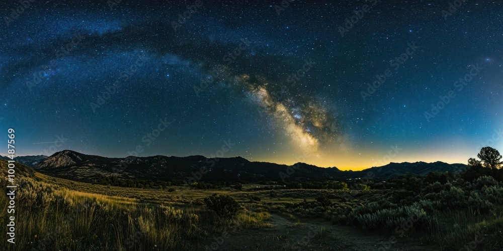 Naklejka premium A wide-angle view of a starry night sky, with the Milky Way visible over a mountain range.