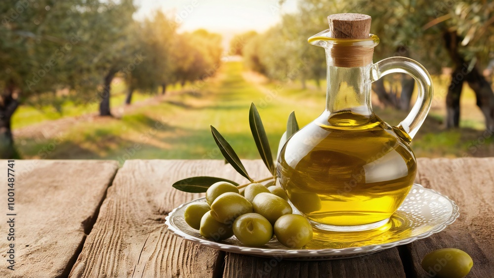 A glass bottle of olive oil accompanied by fresh olives, set on a wooden table with an olive farm visible in the background. A glass bottle of olive oil accompanied by fresh olives, set on a wooden table with an olive farm visible in the background.