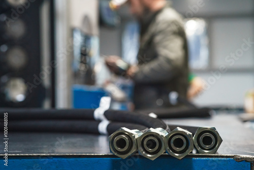 Worker assembles high pressure hose. High pressure hose production.