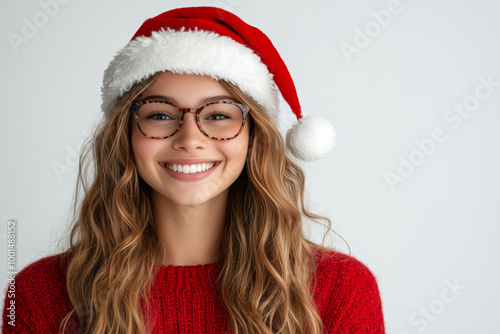 A happy blonde teenage girl wearing a Santa hat, red sweater, and eyeglasses, enjoying the festive Christmas holiday atmosphere, smiling brightly on a white studio background.