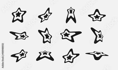 Set with various Y2k stars elements for design. Fashionable geometric forms of brutalism, elements of Memphis. Simple shapes, symbols and frames in y2k style. Vector illustration