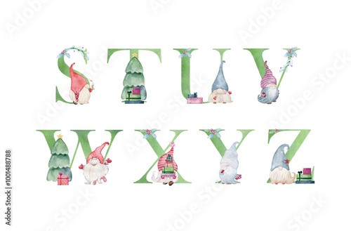 Watercolor christmas gnomes letters.