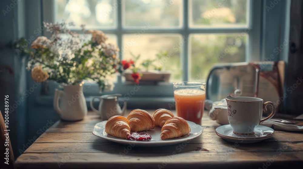 A rustic breakfast setup with croissants, jam, and fresh juice on a wooden table, providing a cozy and warm atmosphere. A rustic breakfast setup with croissants, jam, and fresh juice on a wooden table, providing a cozy and warm atmosphere.