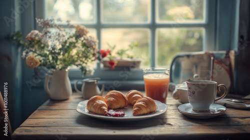 Wallpaper Mural A rustic breakfast setup with croissants, jam, and fresh juice on a wooden table, providing a cozy and warm atmosphere. Torontodigital.ca
