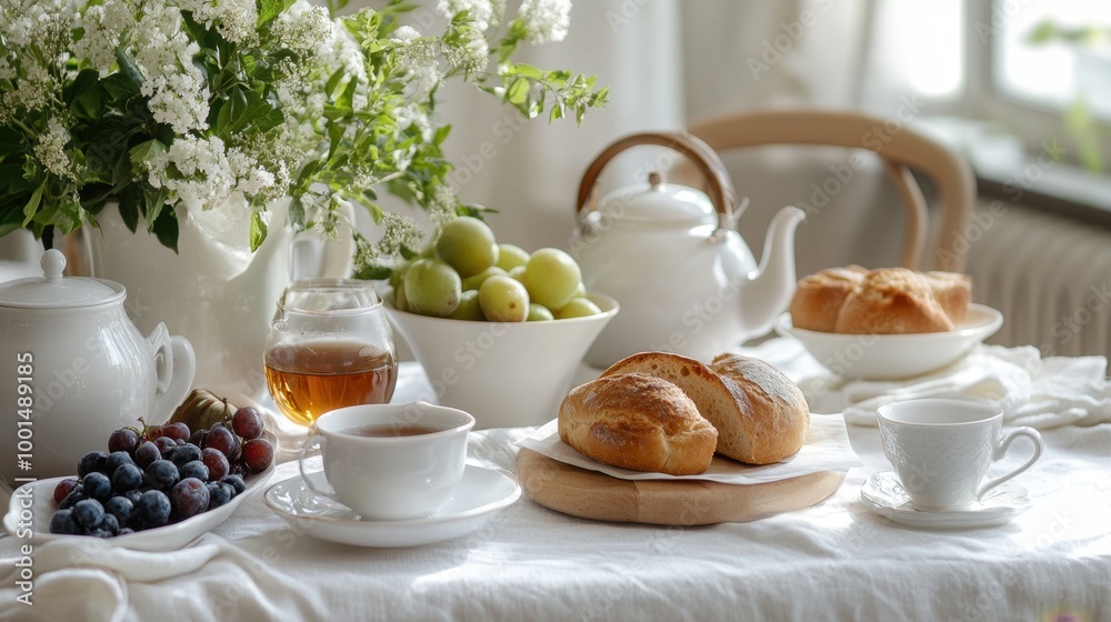 A simple yet elegant breakfast setup with tea, bread, and fruit, arranged on a classic white tablecloth. A simple yet elegant breakfast setup with tea, bread, and fruit, arranged on a classic white tablecloth.