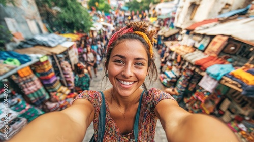 A solo traveler taking a wide-angle selfie on a crowded street market, with colorful stalls in the background.