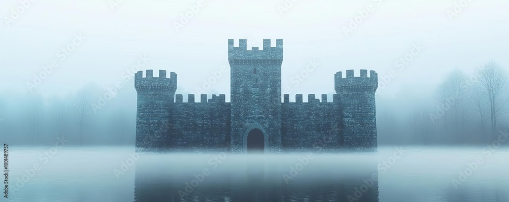 Enchanted castle, foggy moat, magical ambience, 3D illustration Enchanted castle, foggy moat, magical ambience, 3D illustration