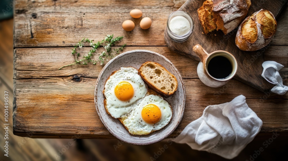 A traditional breakfast setup with eggs, bread, and coffee on a rustic wooden table, offering a cozy background. A traditional breakfast setup with eggs, bread, and coffee on a rustic wooden table, offering a cozy background.