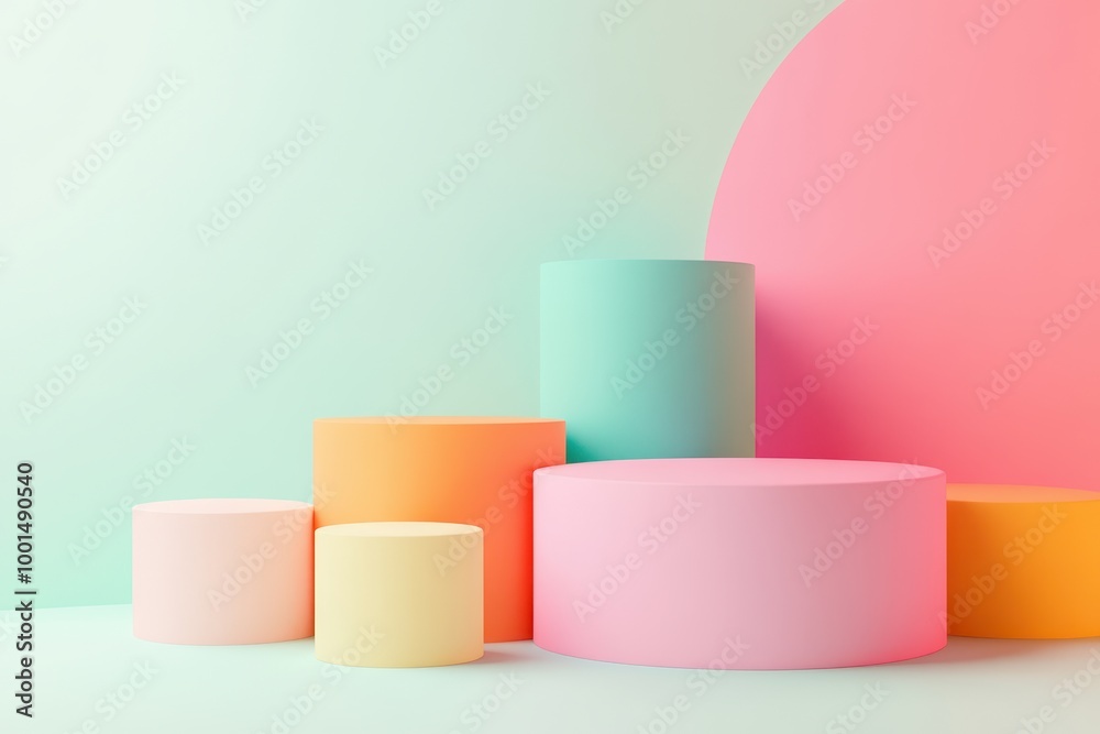 A colorful set of cubes and cylinders arranged in a circle A colorful set of cubes and cylinders arranged in a circle