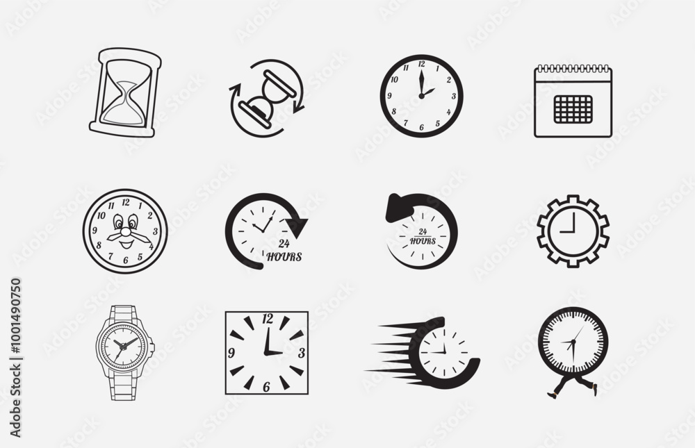 Print Time and Clock linear icons set. Timer, watch, speed, calendar, alarm clock, date and time management isolated on white background Print Time and Clock linear icons set. Timer, watch, speed, calendar, alarm clock, date and time management isolated on white background