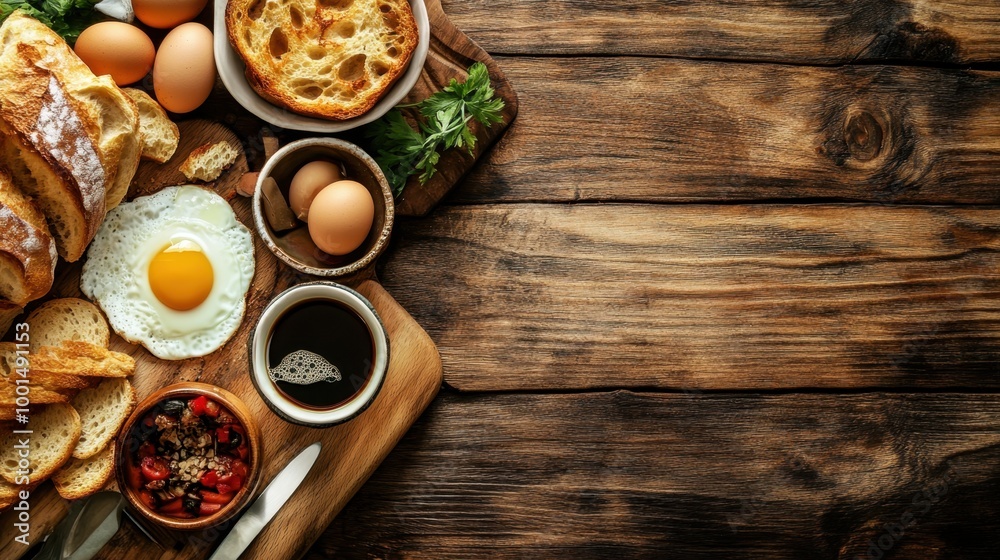 A traditional breakfast spread with coffee, fresh bread, and eggs on a wooden table, providing a warm and inviting backdrop. A traditional breakfast spread with coffee, fresh bread, and eggs on a wooden table, providing a warm and inviting backdrop.