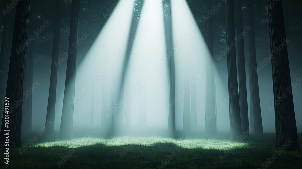 Foggy forest clearing, beams of light, enchanted atmosphere, 3D illustration Foggy forest clearing, beams of light, enchanted atmosphere, 3D illustration