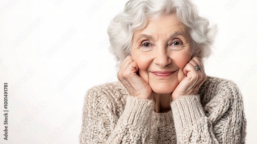 Joyful Elderly Woman in Cozy Knit Sweater Joyful Elderly Woman in Cozy Knit Sweater