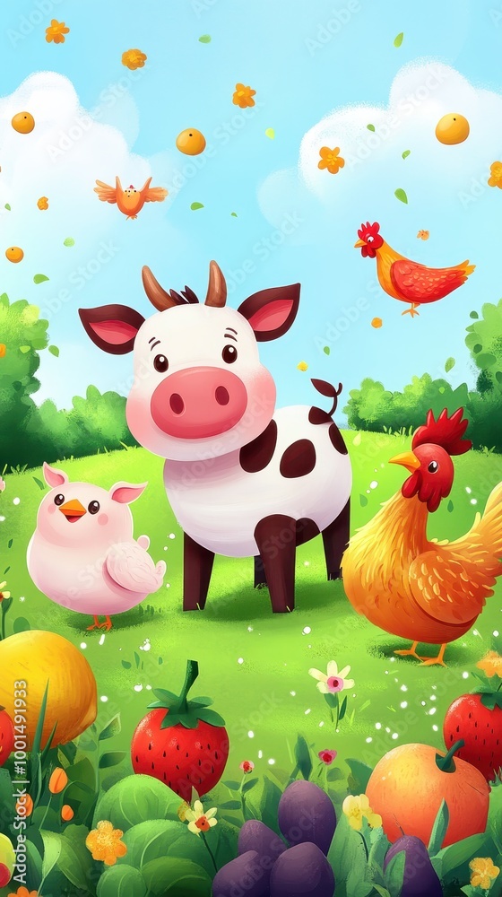 Three joyful animals bask in a lush field of fruits and veggies for World Vegan Day Three joyful animals bask in a lush field of fruits and veggies for World Vegan Day