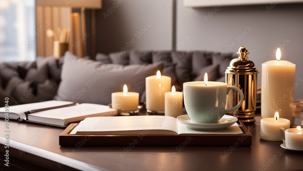 A wooden tray holds books, candles, and a light-colored cup of coffee. A couch is in the background. A wooden tray holds books, candles, and a light-colored cup of coffee. A couch is in the background.